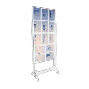 https://www.techni-contact.ovh/ressources/images/produits/merchandising/affichage-plexi-sur-pied-8379034-1.jpg - 9 porte feuilles format A4 verticale - 4 pochettes A4 horizontale - visible en recto verso (double face transparent)
