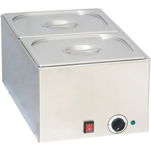 https://www.techni-contact.ovh/ressources/images/produits/merchandising/bain-marie-2-x-gn-1-2-2244427-1.jpg - Capacité : GN 1/1 - 150 mm de profondeur- Puissance : 1200 W- Dim ( L x P x H ) : 338 x 540 x 248 mm