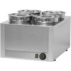 https://www.techni-contact.ovh/ressources/images/produits/merchandising/bain-marie-a-sauce-4-cuves-14981061-1.jpg - Puissance : 800 WDimensions ( L x ¨P x H ) :450 x  600 x  350 mmCapacité cuve : 4 x 4,5 litres