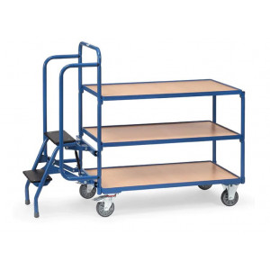 https://www.techni-contact.ovh/ressources/images/produits/merchandising/chariot-preparateur-de-commandes-avec-marchepied-41915521-1.jpg - Charge : 250 Kg - Roue : Ø 125 x 32 mm - 3 ou 4 plateaux fixes en mélaminé