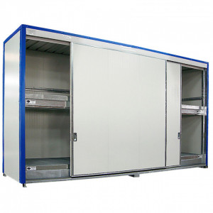 https://www.techni-contact.ovh/ressources/images/produits/merchandising/conteneur-de-stockage-multi-niveaux-retention-4000-l-longueur-6-m-41511175-1.jpg - Conteneur de stockage extérieur sur 2 niveaux - Portes coulissantes - 4 bacs de rétention avec caillebotis acier galvanisé - Container sécurisé