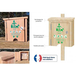 https://www.techni-contact.ovh/ressources/images/produits/merchandising/distributeur-papier-biodegradables-pour-dejections-canines-150-sachets-32472174-1.jpg - Capacité : 150 sachets - Dimensions (L x H x P) : 295 x 330 x 165 mm – En bois