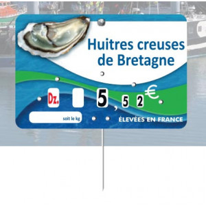 https://www.techni-contact.ovh/ressources/images/produits/merchandising/etiquette-poissonnerie-huitres-13796437-1.jpg - Format : 15 x 10 cm -  4 roulettes prix - Pique inox - Neutre ou avec texte