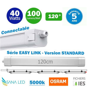 https://www.techni-contact.ovh/ressources/images/produits/merchandising/pack-de-6x-reglettes-led-etanches-connectables-serie-easy-link-version-standard-40-watts-27357277-1.jpg - Réglettes LED étanches connectables - Série EASY-LINK - Version STANDARD - 40 Watts - 4000 Lumens - 100 Lumens/Watt - 122 x 7 x 6 cm - Angle 120° - IP65 - 5000k - Transformateur OSRAM - Garantie 5 ans