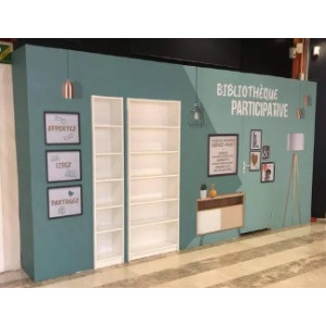 https://www.techni-contact.ovh/ressources/images/produits/merchandising/palissade-bibliotheque-38755442-1.jpg - Transformer une cellule vacante en un lieu d'échange, de partage - Sert de lien entre les visiteurs d'un centre commercial