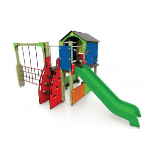 https://www.techni-contact.ovh/ressources/images/produits/merchandising/structure-multi-jeu-avec-filet-a-grimper-et-toboggan-54766631-1.jpg - Structure formée d’une tour de deux étages avec toiture à deux pentes et plateforme