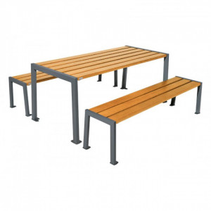 https://www.techni-contact.ovh/ressources/images/produits/merchandising/table-et-banquette-de-pique-nique-3522053-1.jpg - Longueur plateau : 1800 mm - Acier et bois - Sur platines 