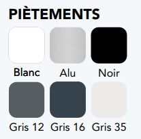 Couleurs standards pieds : Blanc (RAL 9016) / Noir (RAL  9005) / Gris foncé (RAL 7016)<br>Autres couleurs sur demande