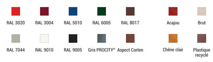 - Acier peint peint sur galva selon nos coloris (en monochrome ou bicolore pour la version tout acier)<br>- Bois finition brute, acajou ou chêne clair<br>- Plastique recyclé marron