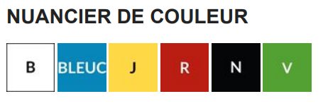 Blanc , bleu clair , jaune , noir , rouge , vert