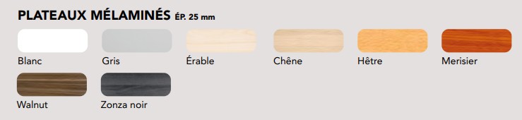 Standard :Blanc (RAL 9016) / Erable / Gris / Chêne <br>Autres coloris disponibles sur demande