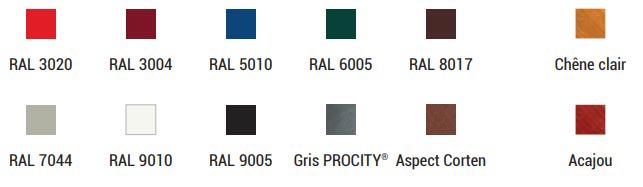 - Acier peint sur zinc selon nos coloris <br> - Chêne finition lasuré (formules à l’eau) acajou ou chêne clair