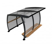 Abri bus en acier galvanisé et bois - 2 ou 3 côtés fermés et toit en PMMA - Banquette et tablette en compact HPL - Structure anthracite - L.3000 à 4485 x P.2985 x H.2615 mm