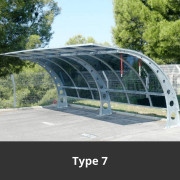 Abri vélo ouvert à toit galbé - P 2,30 ou 2,80 m - H 2,04m - Simple ou double face avec tunnel central