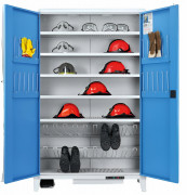 Vestiaire chauffant en acier DRYSTORE - Double porte battante – 5 étagères - 2 supports bottes pour 10 paires - 12 paires de gants – 1000 w - L.1200 x P. 490 x H. 1940 mm - Gris et bleu