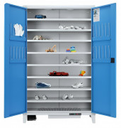 Vestiaire chauffant et désinfectant en acier PURESHOO - 8 étagères perforées et réglables - Double porte battante – 10 paires de chaussures - 12 paires de gants – 1000 w - L.1200 x P. 490 x H. 1940 mm - Gris et bleu
