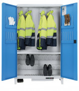 Vestiaire désinfectant en acier CARECAB - 1 étagère perforée et réglable - Double porte battante – 10 paires de bottes - 12 paires de gants – 16 w - L.1200 x P. 490 x H. 1940 mm - Gris et bleu