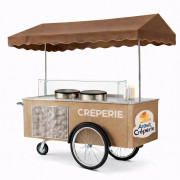 Chariot ambulant à crêpes et gaufres double crêpière - Structure en inox - Long. 2 m x larg. 90 cm - Avec réserve réfrigérée