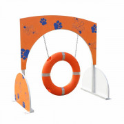 Pneu d'obstacle pour chien - Structure en acier galvanisé - Bouée en plastique rigide - Chainettes en inox - Panneaux en matières recyclées avec autocollants - L.140 x P.73 x H.140 cm