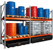 Rayonnage de rétention avec bacs en PE - Capacité 405, 520 ou 1100 L - Charge 3850 kg max.