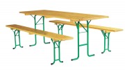 Table et banc pliants brasserie en bois Vienne -  L.2000 à 2200 x l.250 à 800 x H.490 à 1060 mm  - Piètement acier - Poncé et Vernis naturel
