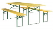 Table et banc pliants brasserie en bois Pragues - L.2000 à 2200 x l.250 à 800 x H.480 à 780 mm - Piètement acier - Poncé et Vernis naturel