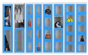 Vestiaire métallique portes transparentes - 4 cases - 1 à 4 colonnes - Tringle en pvc - L. 300 à 1200 x P. 500 x H. 1800 mm - Gris et bleu